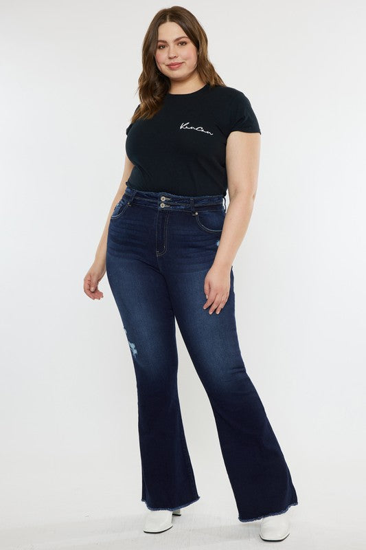 (1X-3X) Angela Kancan Rise Double Fray Hem Flare Jeans - BP