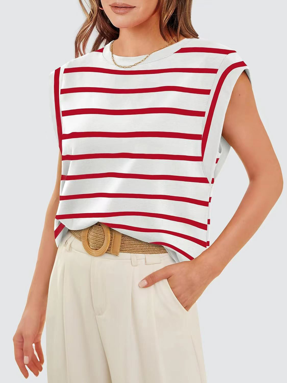 (S-2X) Happiest Here Striped Round Neck Cap Sleeve T-Shirt (Multiple Colors)