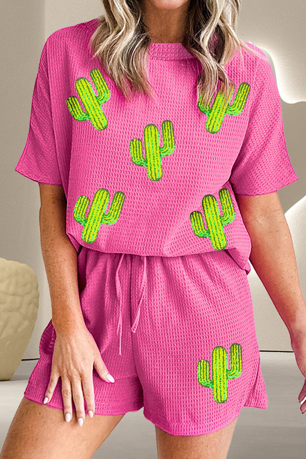 Cactus Queen Waffle-Knit Round Neck Top and Shorts Set