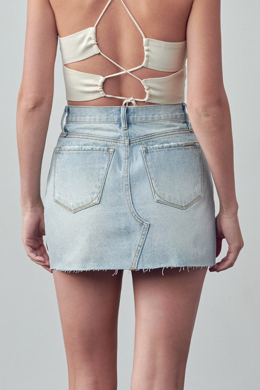 Staying The Same Trim Raw Hem Denim Skirt