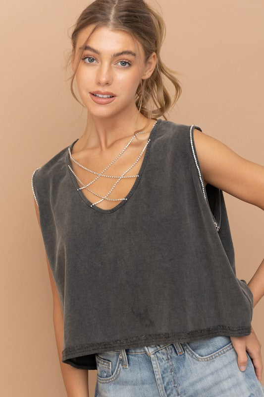 Crossed Paths Mineral Washed Rhinestone Tank (Multiple Colors)