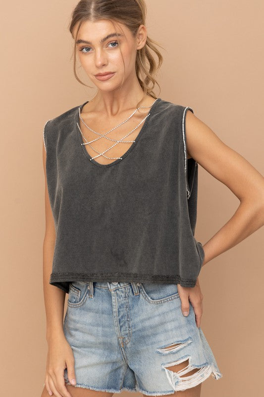 Crossed Paths Mineral Washed Rhinestone Tank (Multiple Colors)