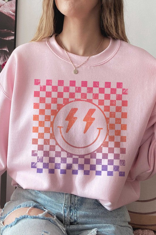 CHECKERED LIGHTNING HAPPY FACE GRAPHIC SWEATSHIRT (MULTIPLE COLORS) - BP