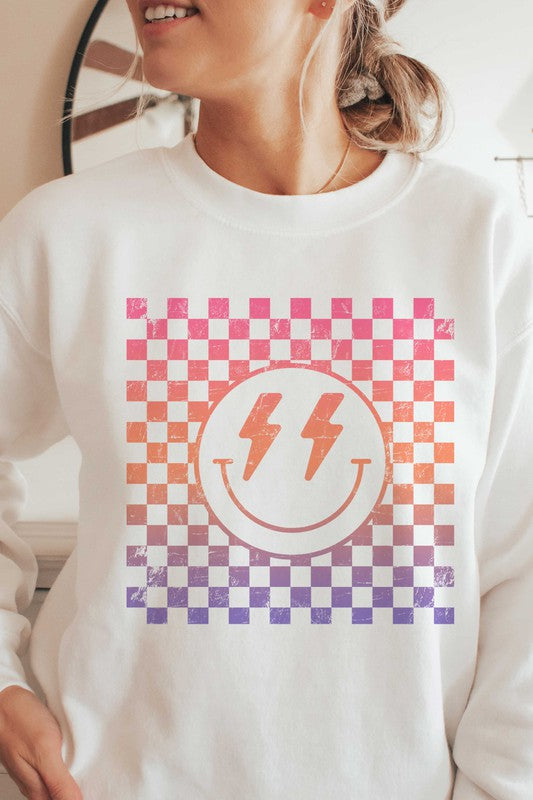 CHECKERED LIGHTNING HAPPY FACE GRAPHIC SWEATSHIRT (MULTIPLE COLORS) - BP