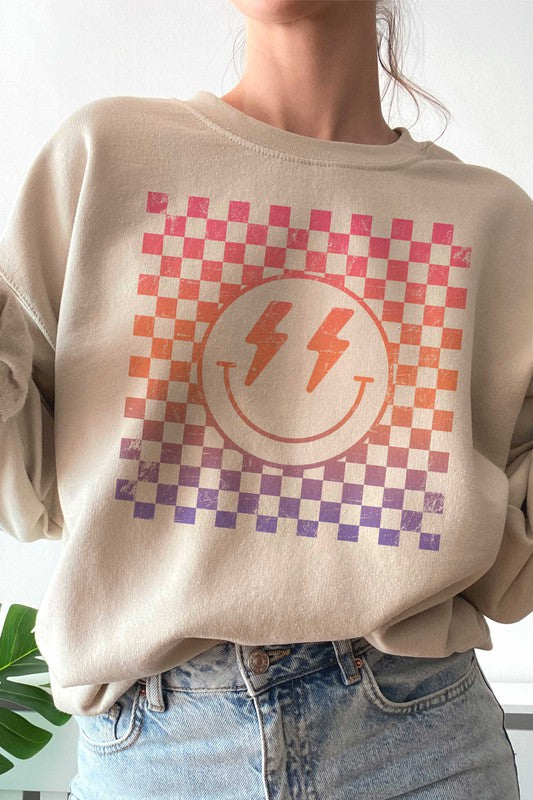 CHECKERED LIGHTNING HAPPY FACE GRAPHIC SWEATSHIRT (MULTIPLE COLORS) - BP