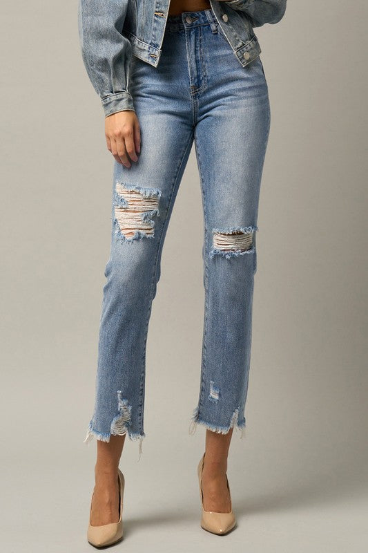 Farrah High Waist Distressed Fray Straight Jeans (Denim Lab USA)