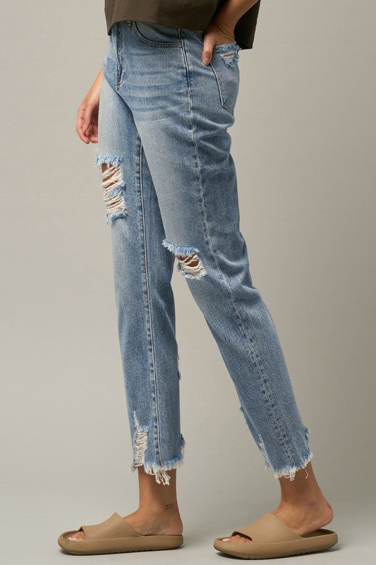 Farrah High Waist Distressed Fray Straight Jeans (Denim Lab USA)