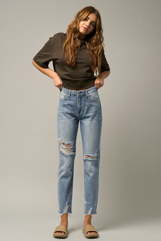 Farrah High Waist Distressed Fray Straight Jeans (Denim Lab USA)