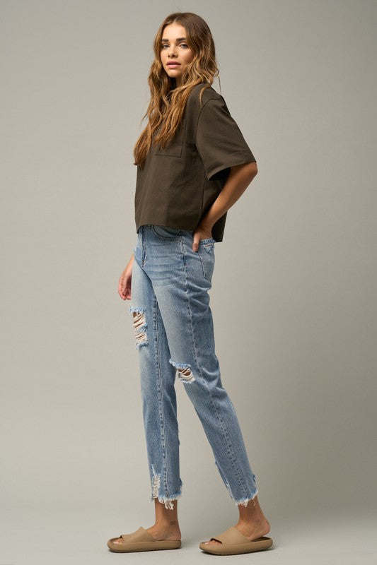 Farrah High Waist Distressed Fray Straight Jeans (Denim Lab USA)