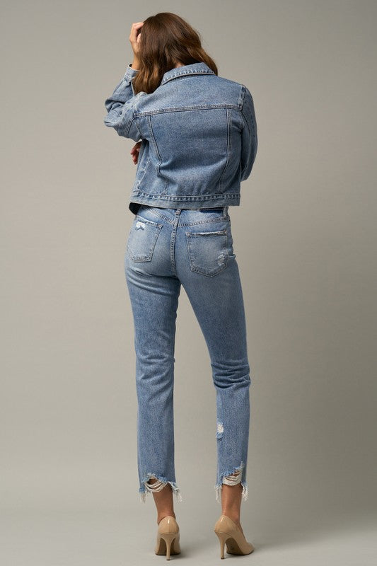 Farrah High Waist Distressed Fray Straight Jeans (Denim Lab USA)