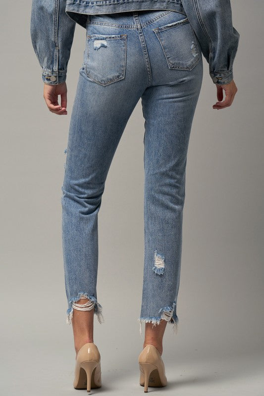 Farrah High Waist Distressed Fray Straight Jeans (Denim Lab USA)