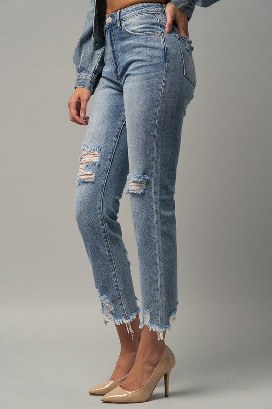 Farrah High Waist Distressed Fray Straight Jeans (Denim Lab USA)