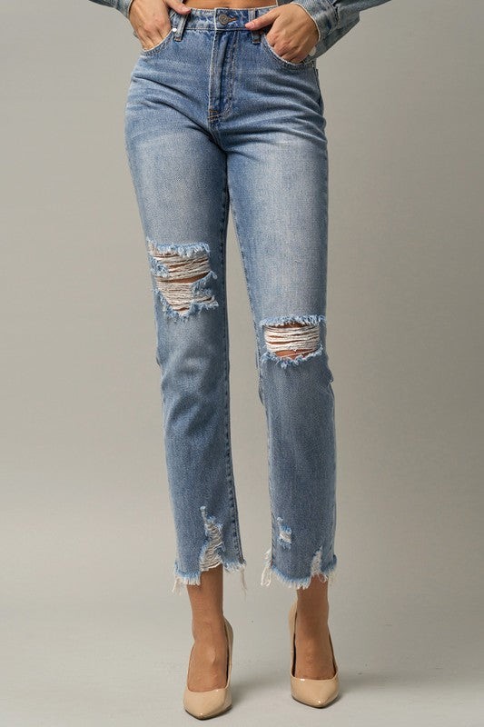 Farrah High Waist Distressed Fray Straight Jeans (Denim Lab USA)