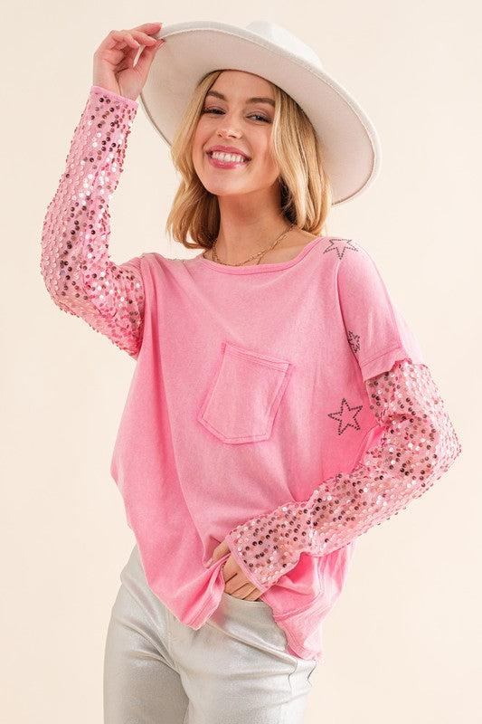 Star Printed Shoulder Sequin Top (Multiple Colors) - BP