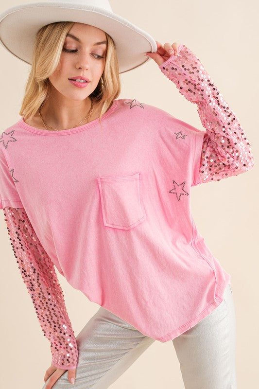 Star Printed Shoulder Sequin Top (Multiple Colors) - BP