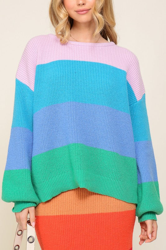 (TOP) Bold Rainbow Stripe Oversized Chunky Knit Pullover (MULTIPLE COLOR OPTIONS) - BP