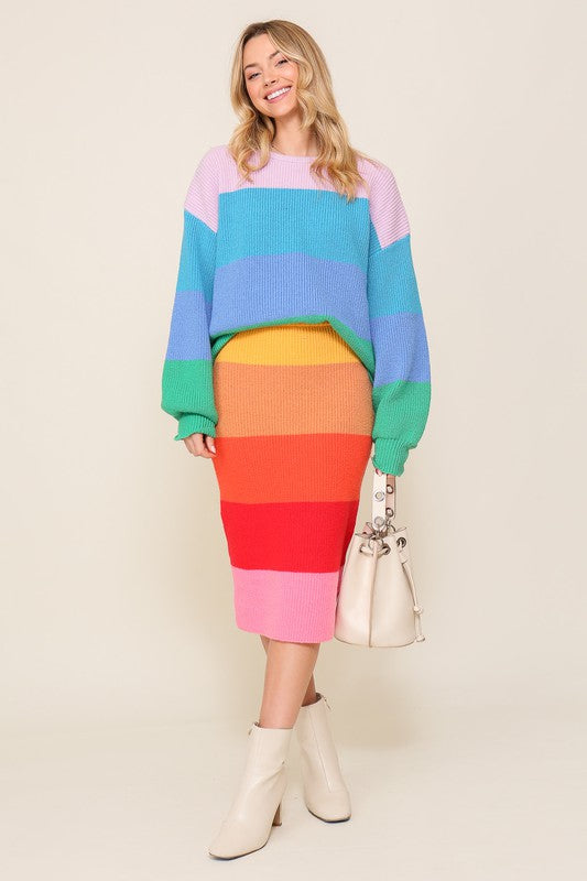 (TOP) Bold Rainbow Stripe Oversized Chunky Knit Pullover (MULTIPLE COLOR OPTIONS) - BP