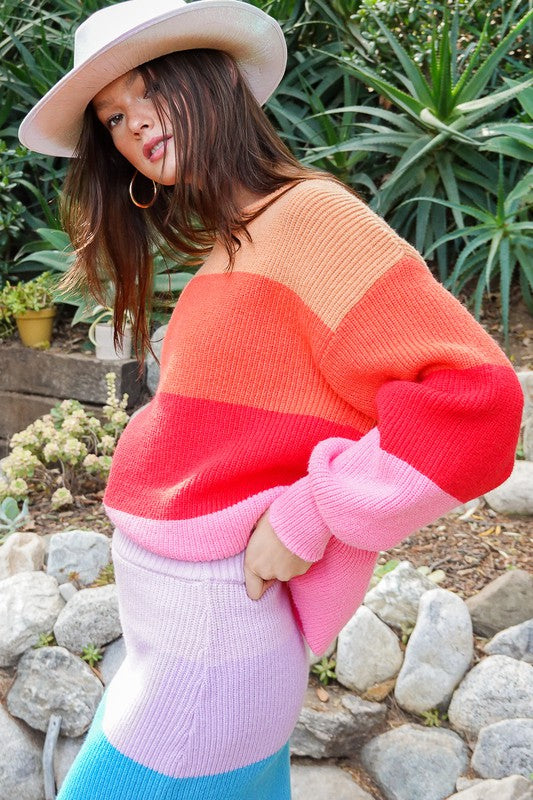 (TOP) Bold Rainbow Stripe Oversized Chunky Knit Pullover (MULTIPLE COLOR OPTIONS) - BP