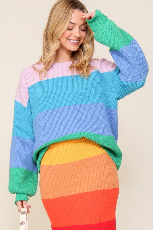 (TOP) Bold Rainbow Stripe Oversized Chunky Knit Pullover (MULTIPLE COLOR OPTIONS) - BP