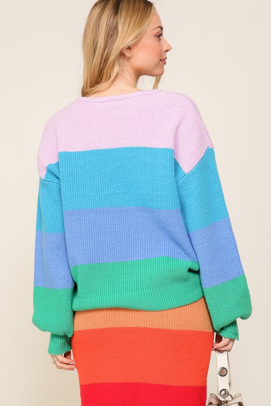 (TOP) Bold Rainbow Stripe Oversized Chunky Knit Pullover (MULTIPLE COLOR OPTIONS) - BP