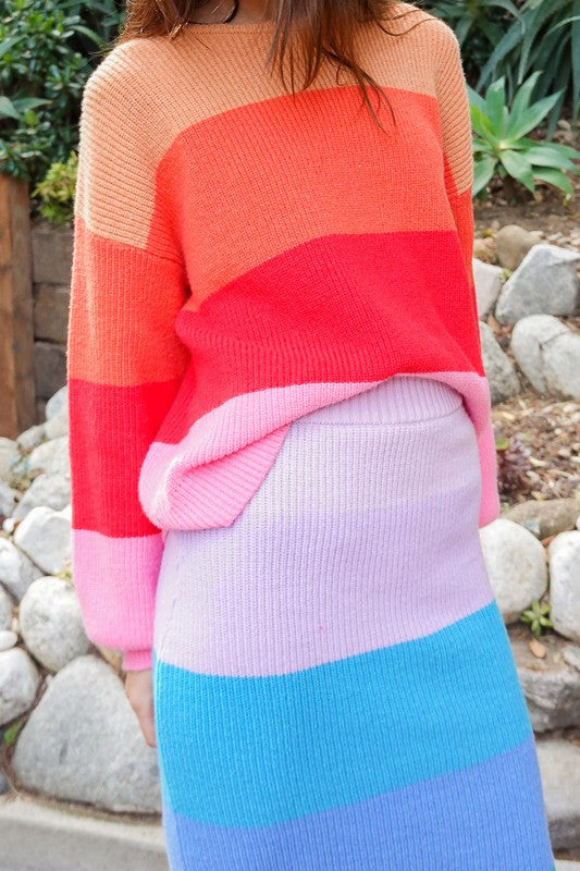 (TOP) Bold Rainbow Stripe Oversized Chunky Knit Pullover (MULTIPLE COLOR OPTIONS) - BP