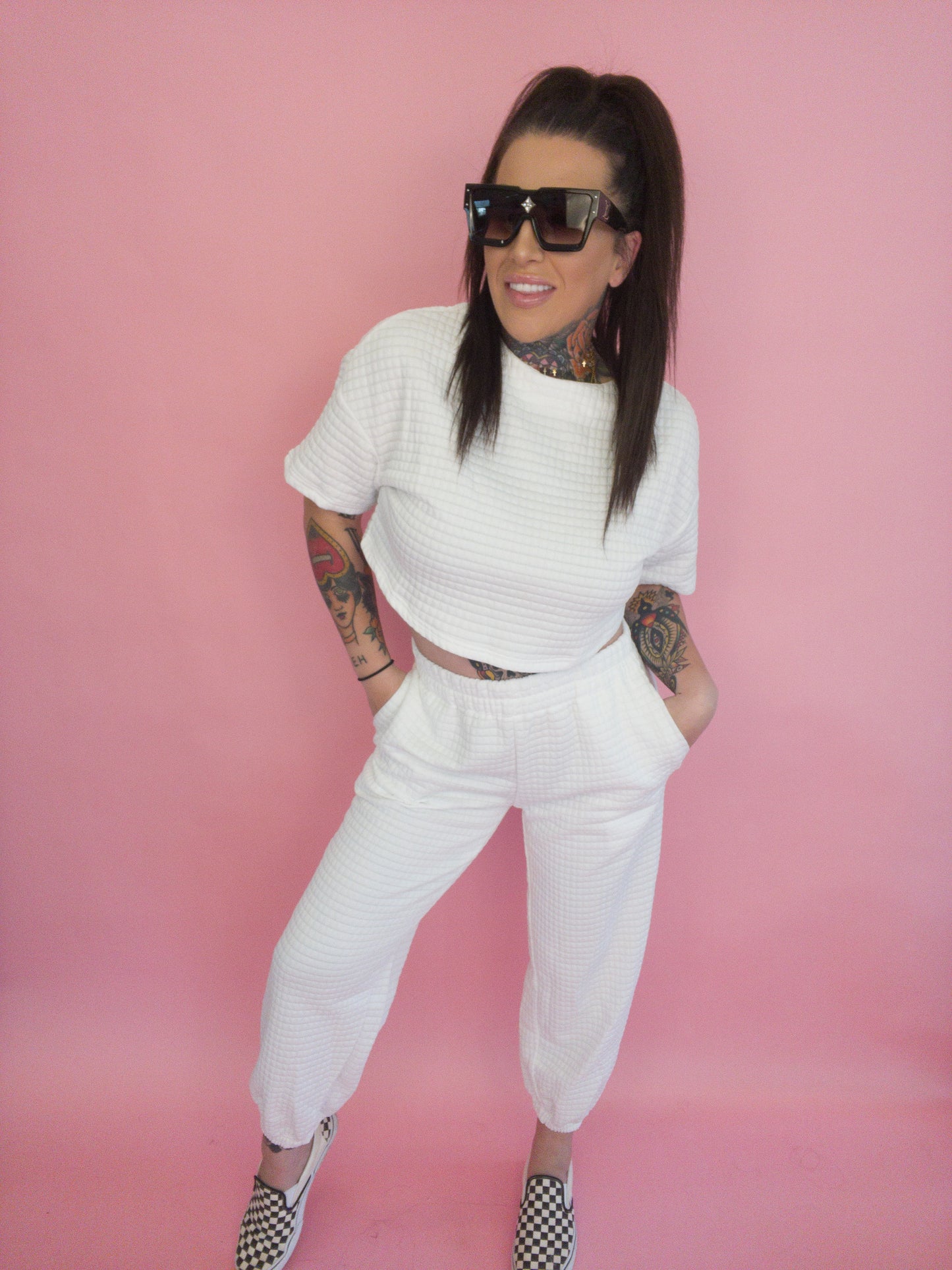 Vitamin D White Textured Cropped Tee Jogger Set