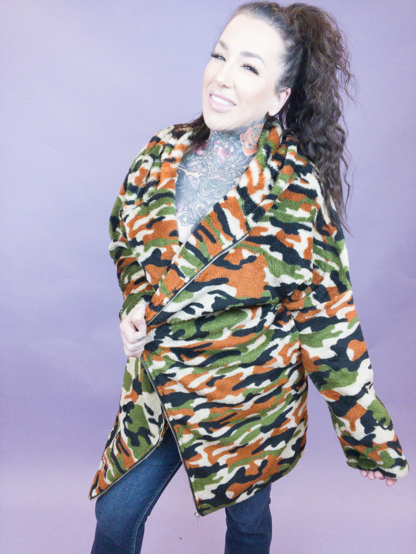 Let Me Be Real Punk Hooded Army Printed Faux Fur Coat