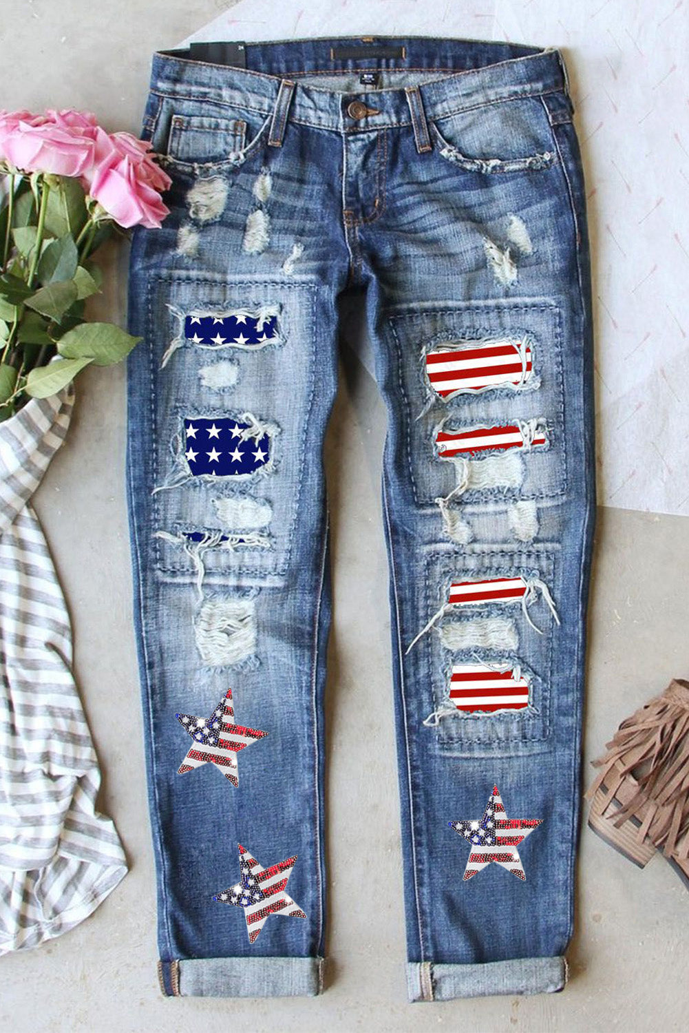 (4-18) Oh Say Can You See US Flag Mid-Rise Waist Straight Jeans