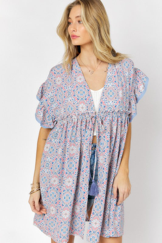 Cover Me In Daisies Printed Short Sleeve Ruffle Kimono (Davi & Dani)