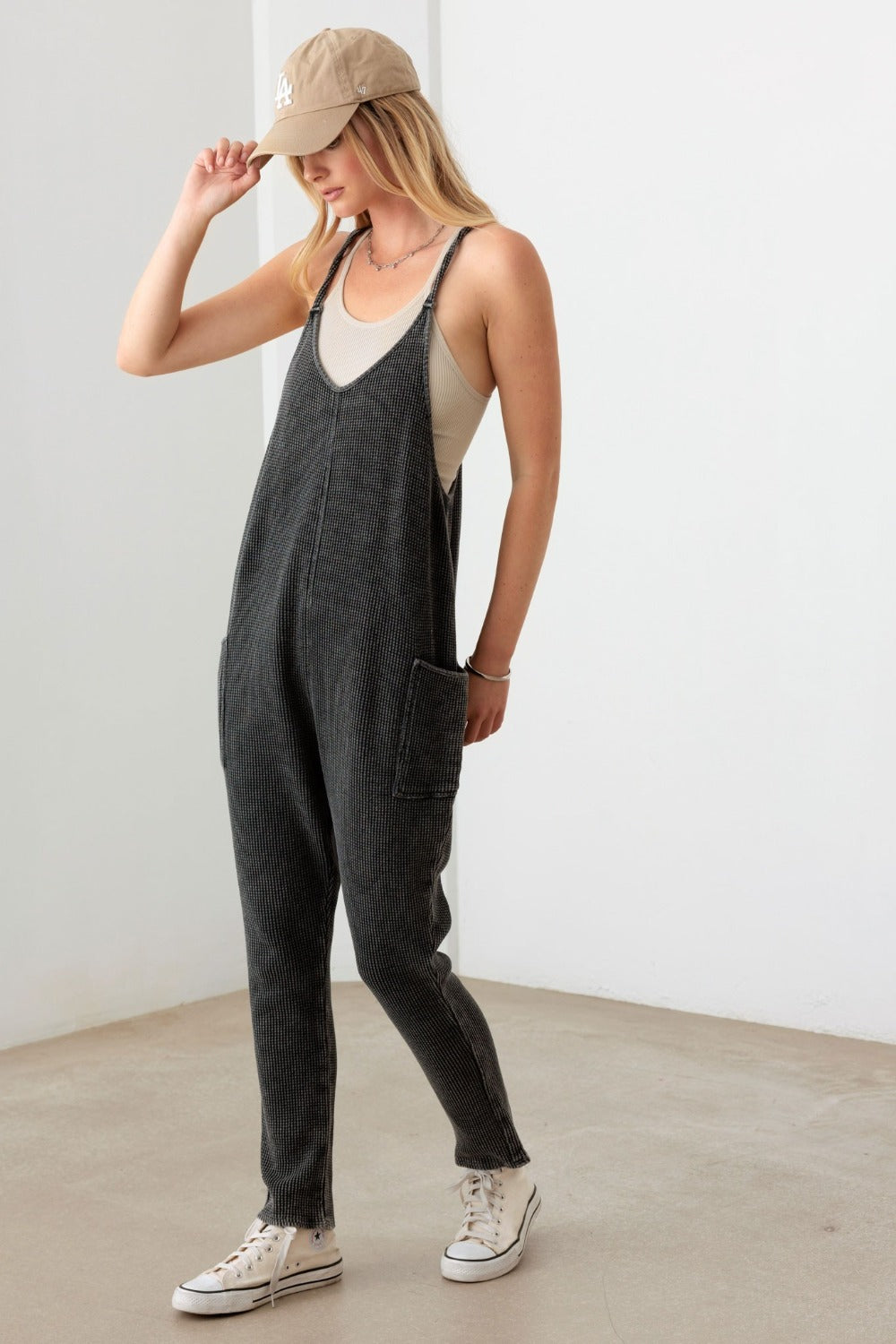 Could You Be Any Cuter Waffle Knit Side Pocket Jumpsuit (Le Lis)