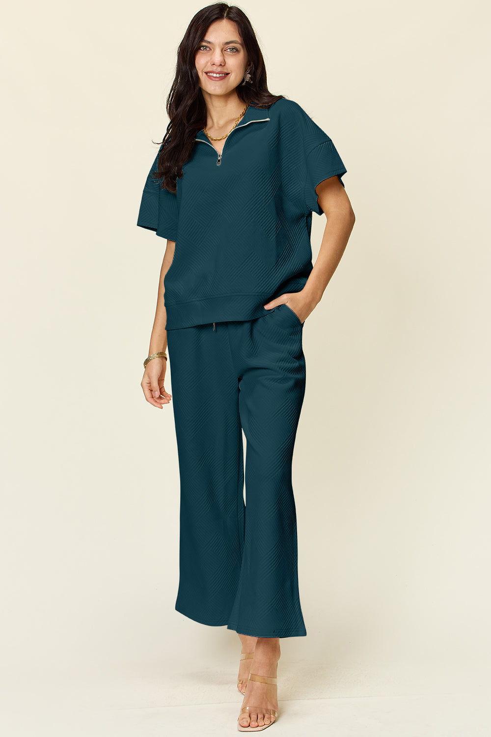 Trying Again Texture Half Zip Short Sleeve Top and Pants Set (Multiple Colors) - BP