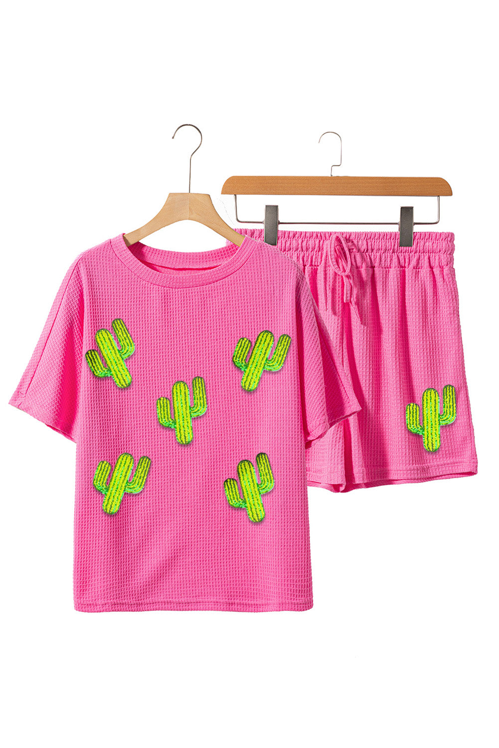 Cactus Queen Waffle-Knit Round Neck Top and Shorts Set