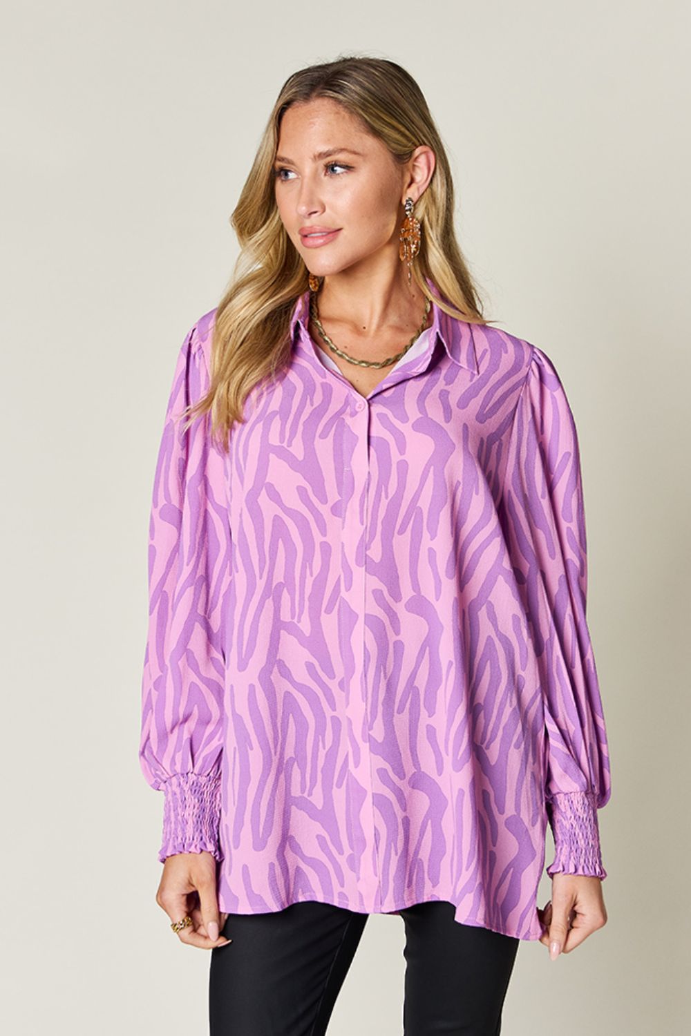 (S-3X) Stating My Opinion Printed Smocked Long Sleeve Blouse (Multiple Colors) - BP