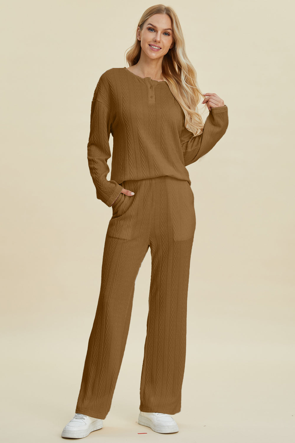 (S-3X /Multiple Colors) Trust Me Double Take Cable-Knit Long Sleeve Top and Pants Set