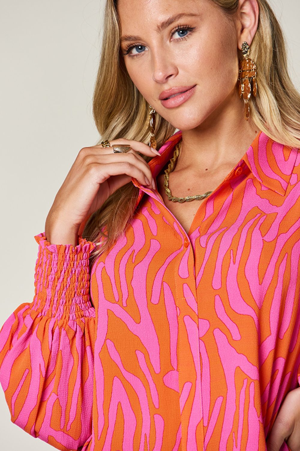 (S-3X) Stating My Opinion Printed Smocked Long Sleeve Blouse (Multiple Colors) - BP