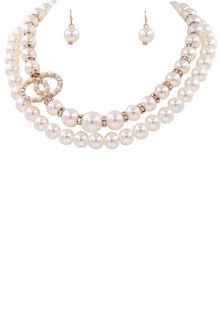 Cream Pearl Double Ring Necklace Set