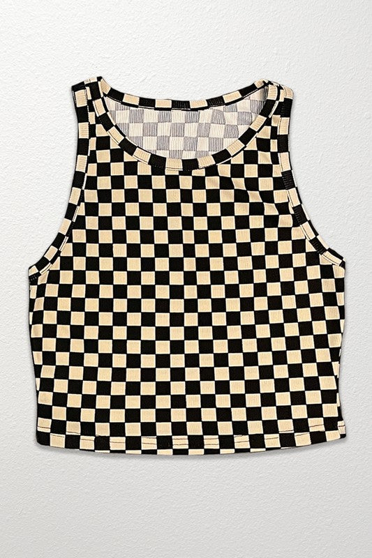 Cropped Checker printed rib knit tank - BP