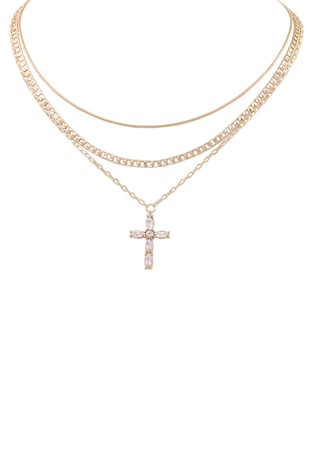 Metal Rhinestone Cross Pendant Layered Necklace