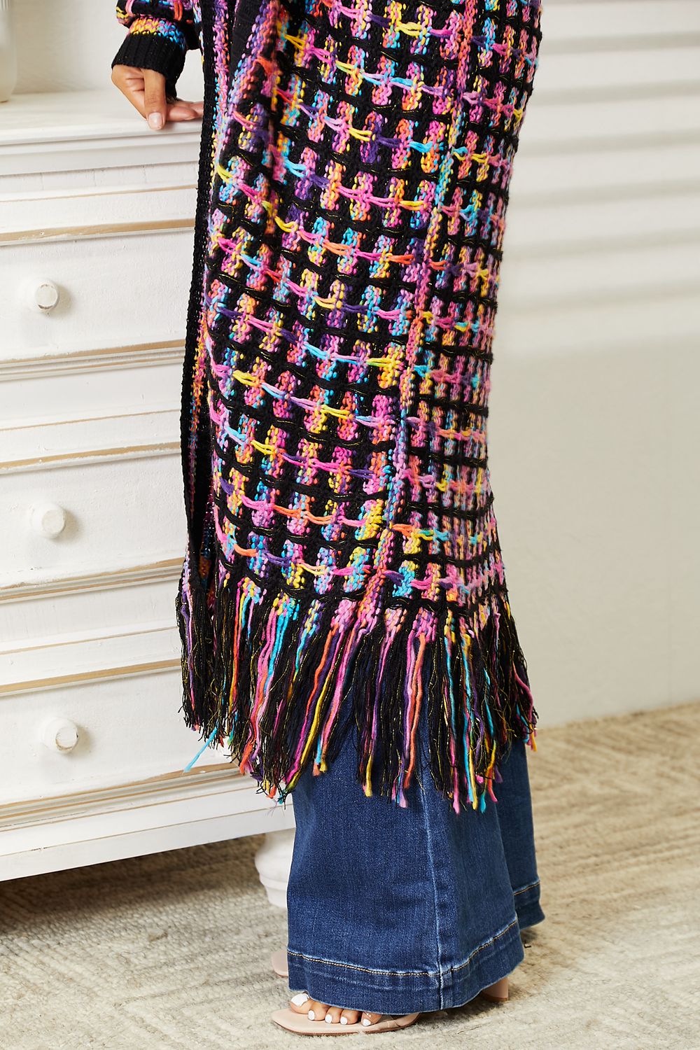 Color My Soul Full Size Multicolored Open Front Fringe Hem Cardigan - BP