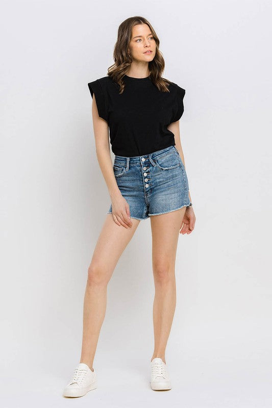 Fly High Super High Rise Button Up Stretch Shorts