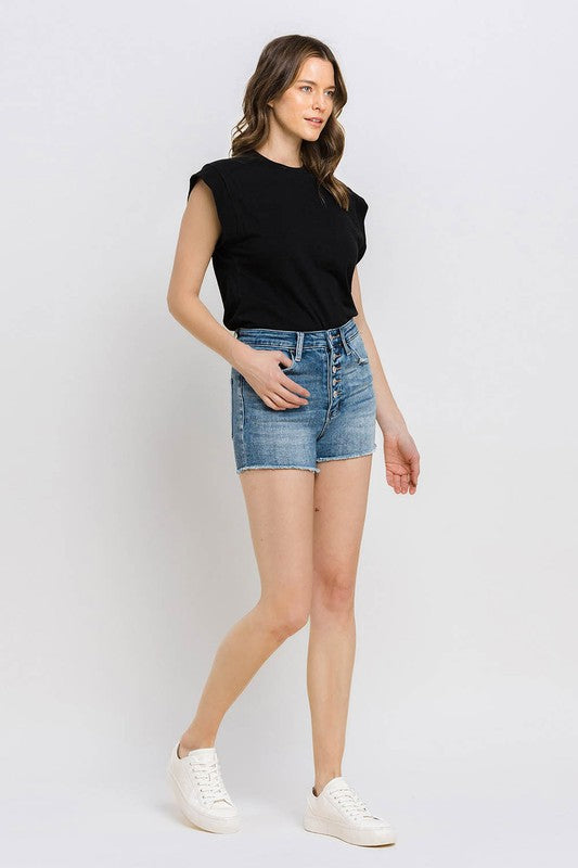 Fly High Super High Rise Button Up Stretch Shorts