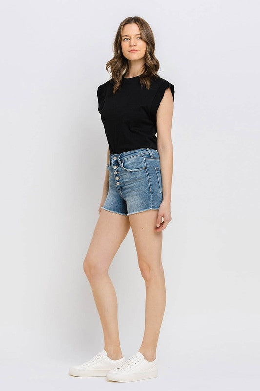 Fly High Super High Rise Button Up Stretch Shorts