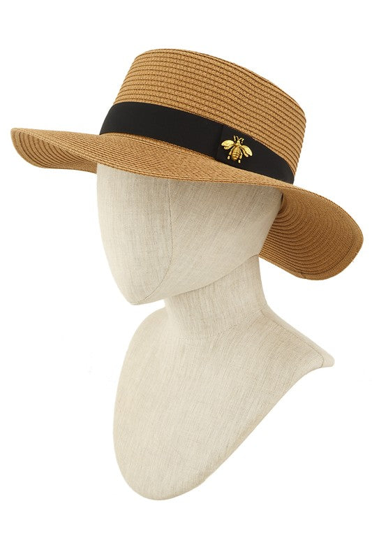 Gettin Gucci Bee Charm Black Band Flat Top Straw Hat