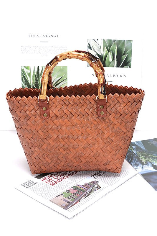 Branching Out Faux Bamboo Top Handle Weaved Basket Tote