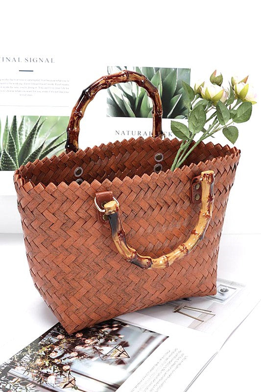 Branching Out Faux Bamboo Top Handle Weaved Basket Tote