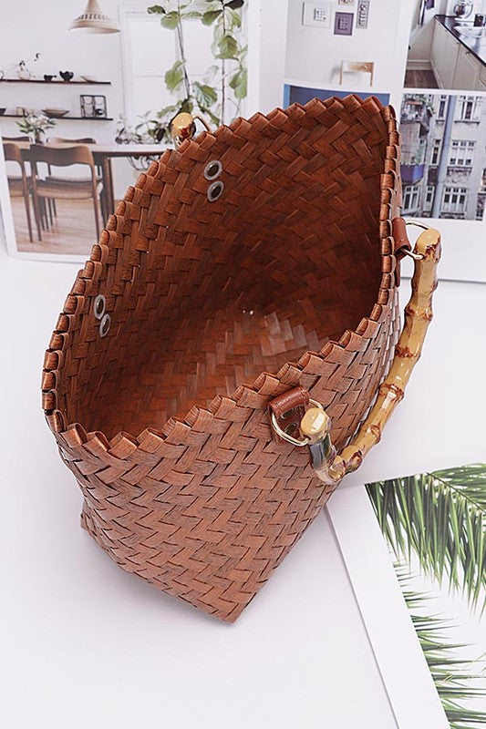 Branching Out Faux Bamboo Top Handle Weaved Basket Tote