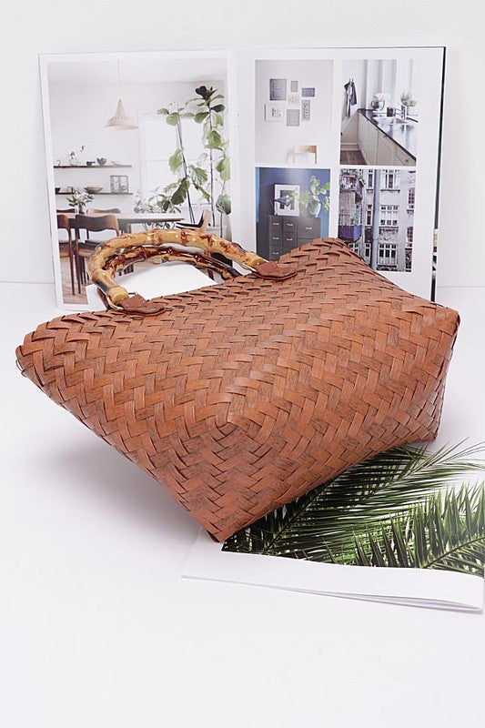 Branching Out Faux Bamboo Top Handle Weaved Basket Tote