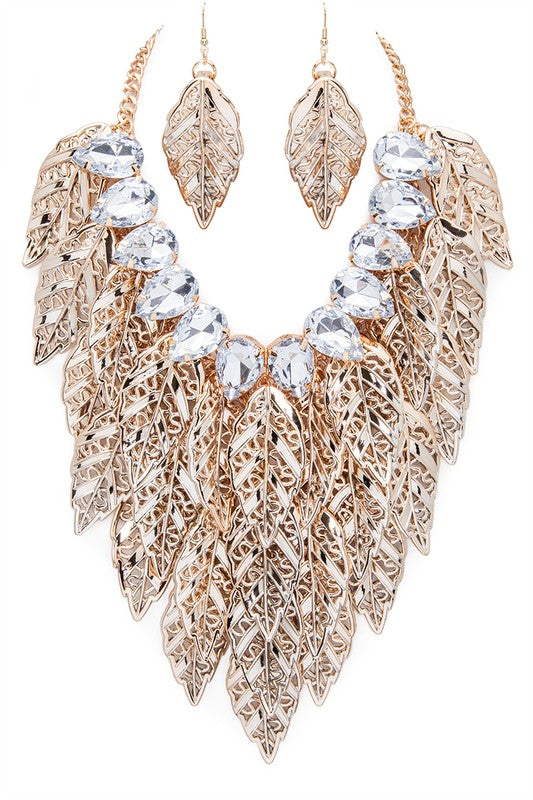 Birds Of A Feather Layered Leaf Statement Bib Necklace Set (Multiple Finishes)