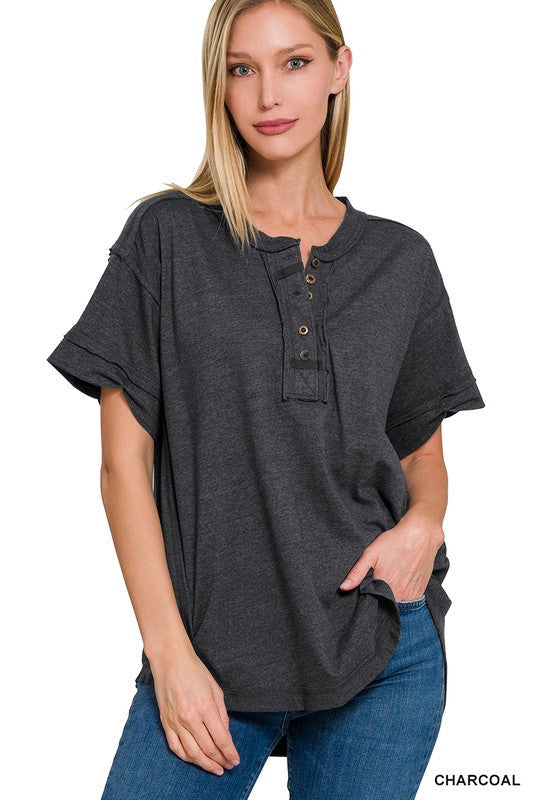 Raw Edge Detailed Button Closure Short Sleeve Top (Multiple Colors)