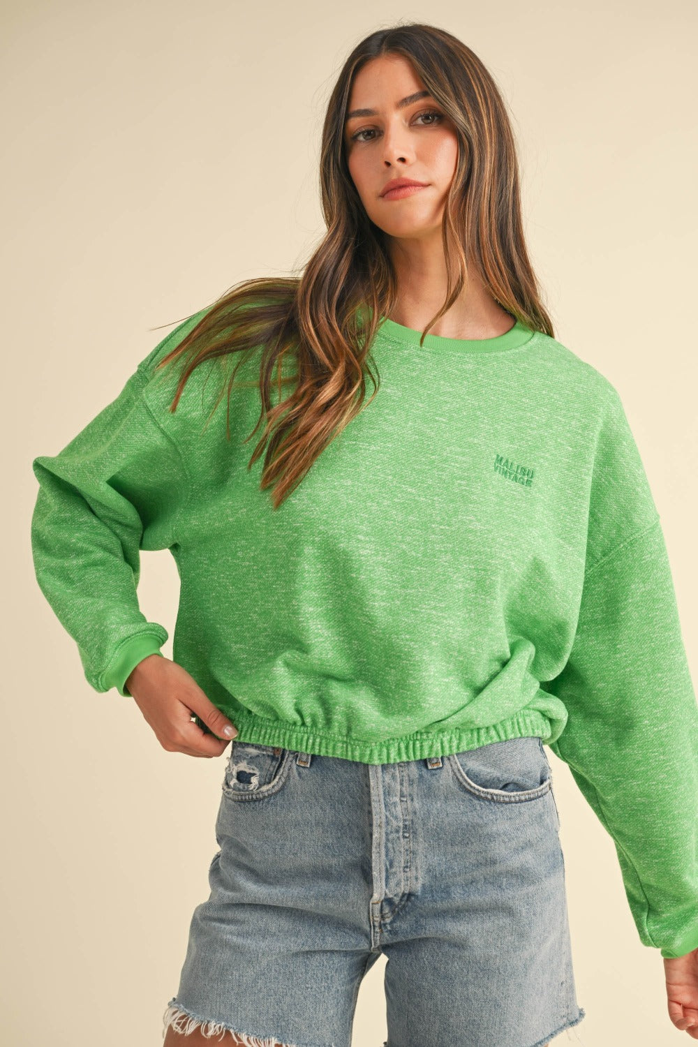 Lime Time Mable Round Neck Letter Embroidery Crop Sweatshirt